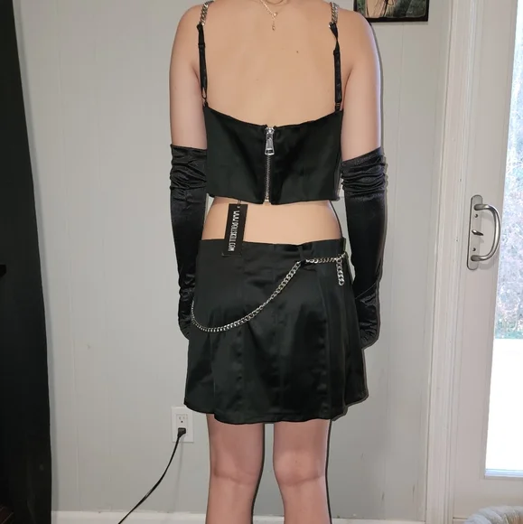 NWT Dolls Kill Sexy , Midnight Black Satin Skirt Set - Picture 4 of 12